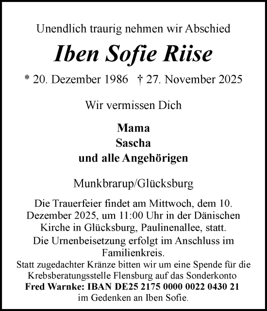 Traueranzeige von Iben Sofie Riise von Flensburger Tageblatt