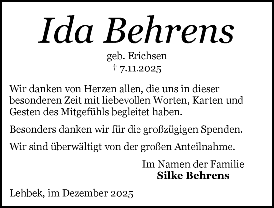 Traueranzeige von Ida Behrens von Flensburger Tageblatt, Schleswiger Nachrichten, Schlei-Bote