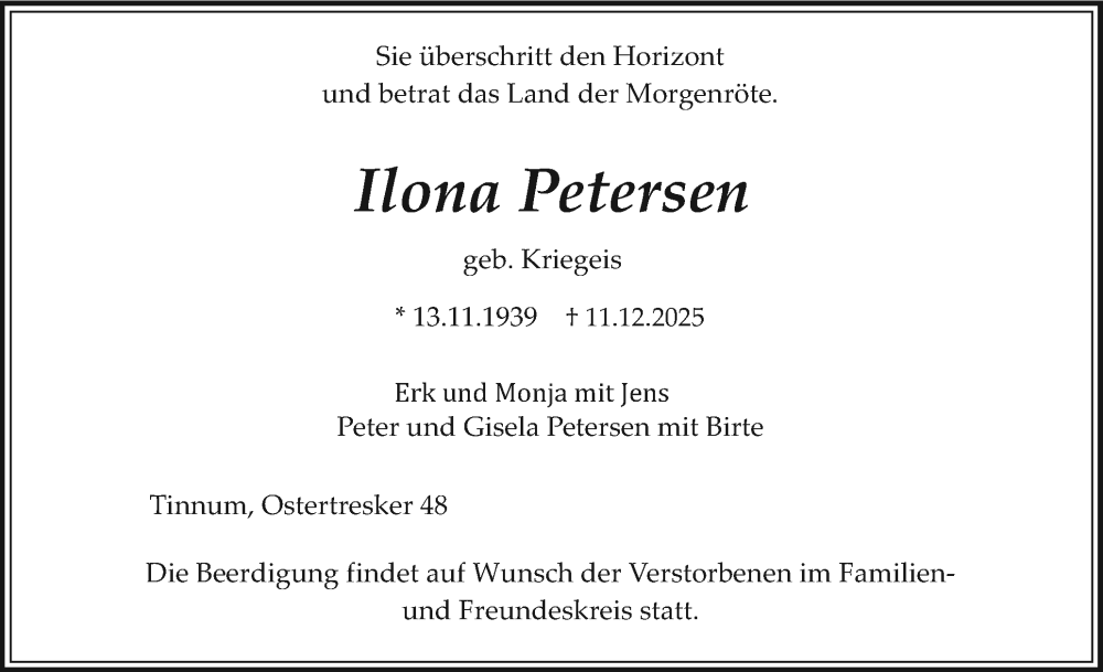  Traueranzeige für Ilona Petersen vom 20.12.2025 aus Sylter Rundschau