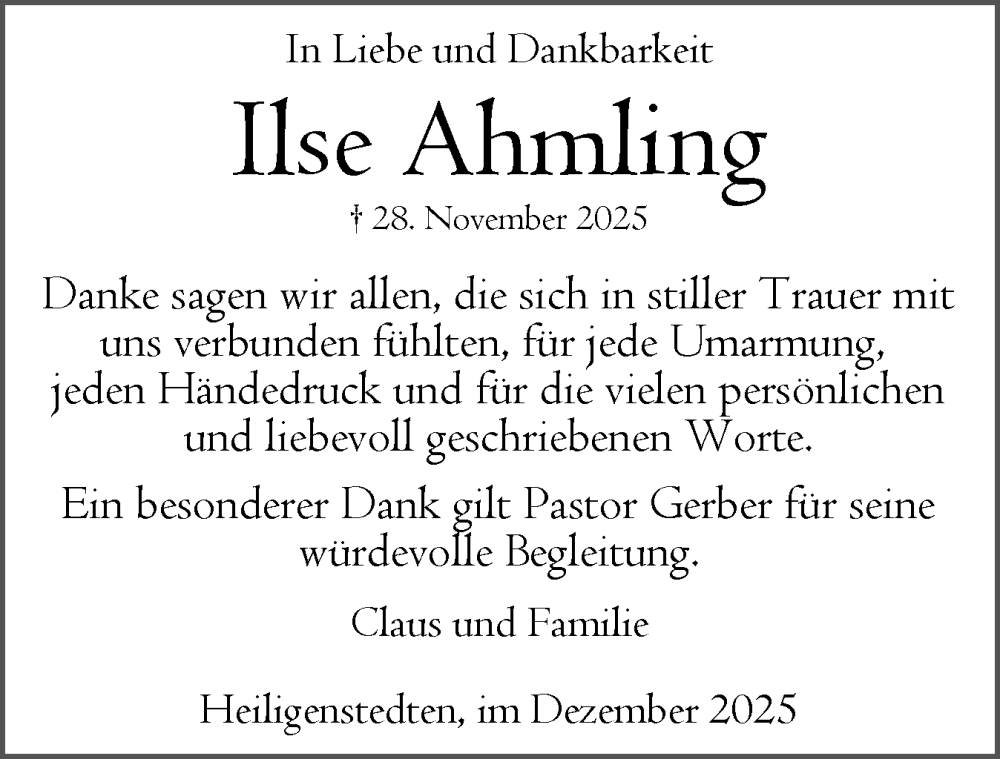  Traueranzeige für Ilse Ahmling vom 27.12.2025 aus Norddeutsche Rundschau, Wilstersche Zeitung, Glückstädter Fortuna