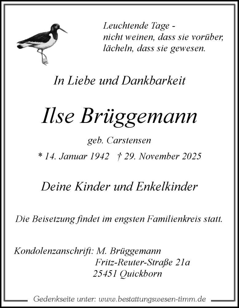  Traueranzeige für Ilse Brüggemann vom 13.12.2025 aus Region Pinneberg und tip Pinneberg