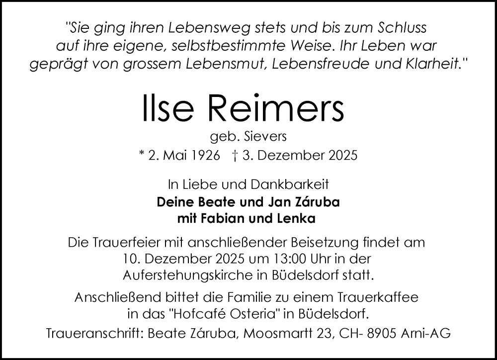  Traueranzeige für Ilse Reimers vom 06.12.2025 aus Schleswig-Holsteinische Landeszeitung