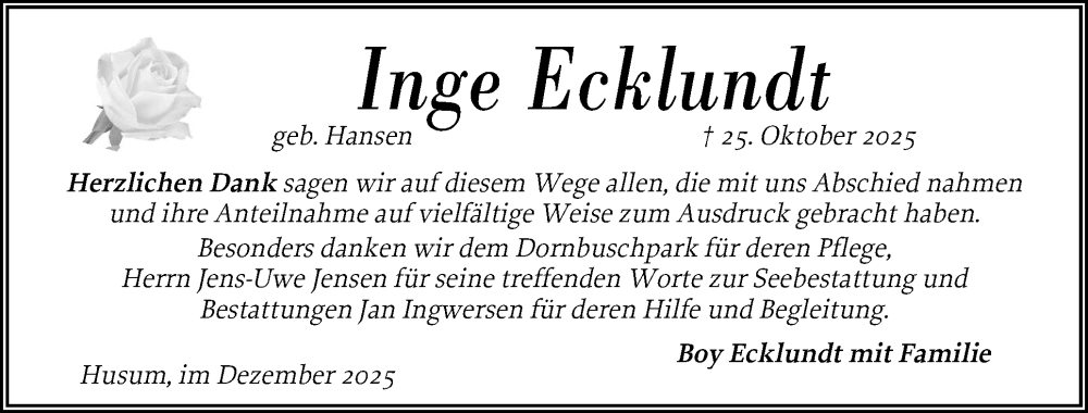  Traueranzeige für Inge Ecklundt vom 04.12.2025 aus Husumer Nachrichten, Nordfriesland Tageblatt