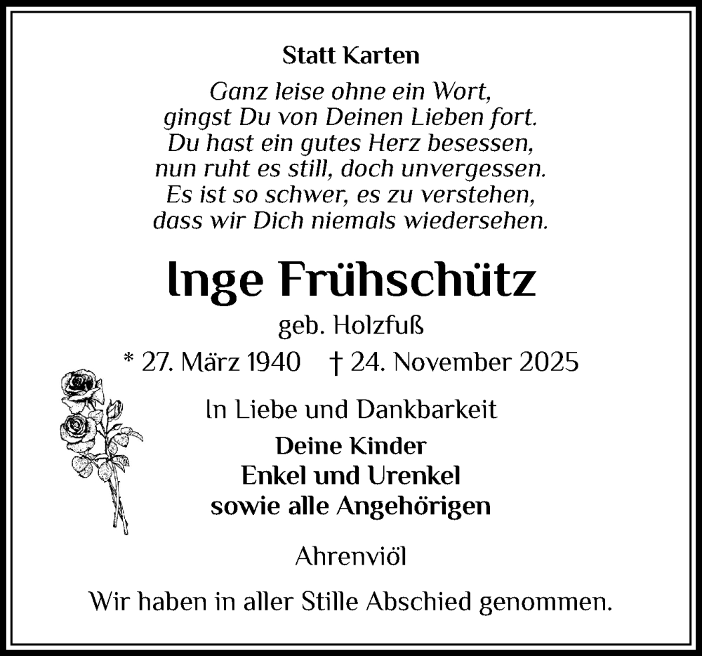  Traueranzeige für Inge Frühschütz vom 16.12.2025 aus Husumer Nachrichten, Nordfriesland Tageblatt