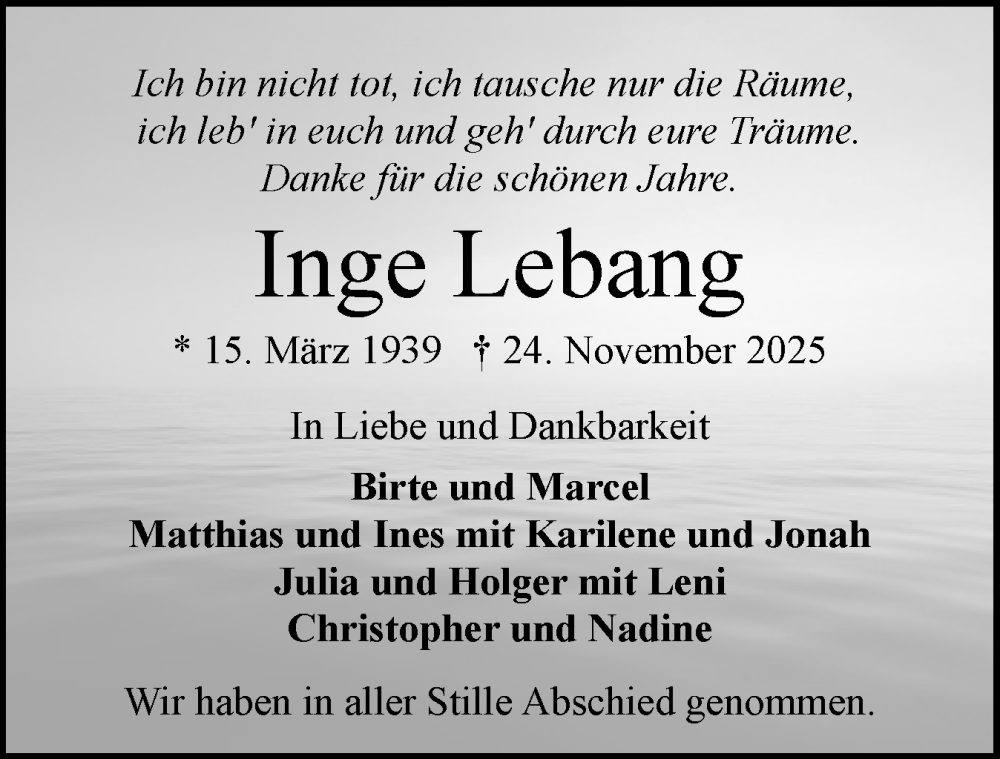  Traueranzeige für Inge Lebang vom 06.12.2025 aus Schleswig-Holsteinische Landeszeitung