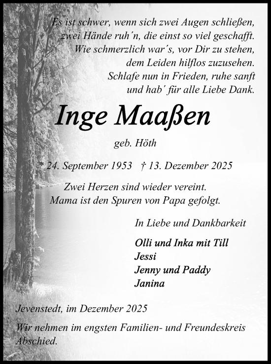 Traueranzeige von Inge Maaßen von Schleswig-Holsteinische Landeszeitung