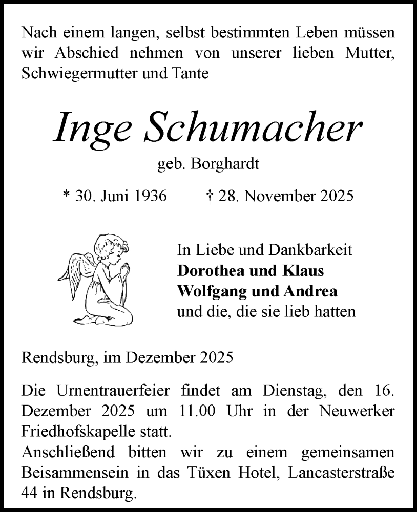  Traueranzeige für Inge Schumacher vom 06.12.2025 aus Schleswig-Holsteinische Landeszeitung
