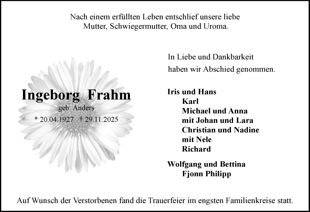  Traueranzeige für Ingeborg Frahm vom 13.12.2025 aus Schleswig-Holsteinische Landeszeitung