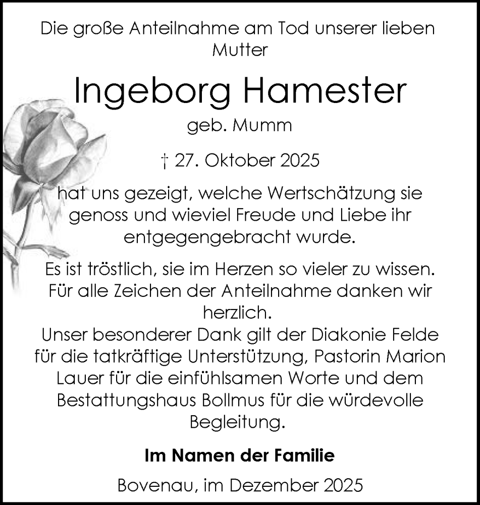  Traueranzeige für Ingeborg Hamester vom 06.12.2025 aus Schleswig-Holsteinische Landeszeitung