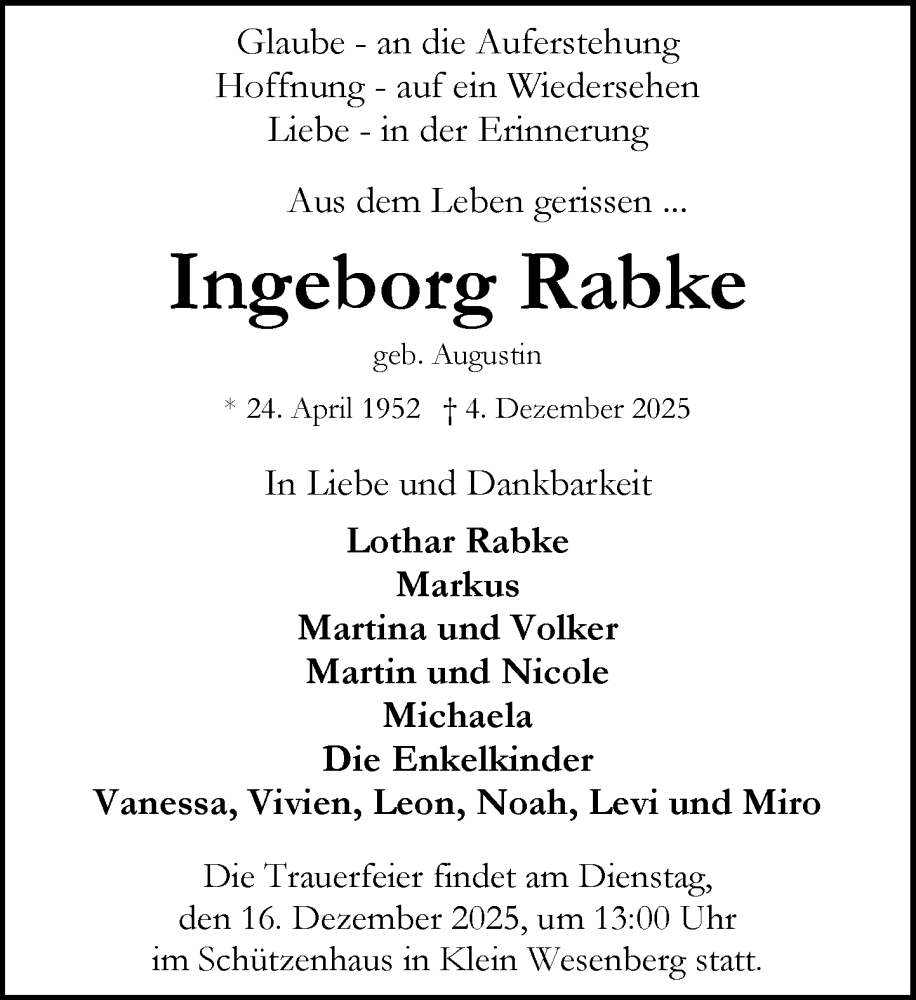  Traueranzeige für Ingeborg Rabke vom 13.12.2025 aus MARKT Bad Oldesloe/Reinfeld und Stormarner Tageblatt