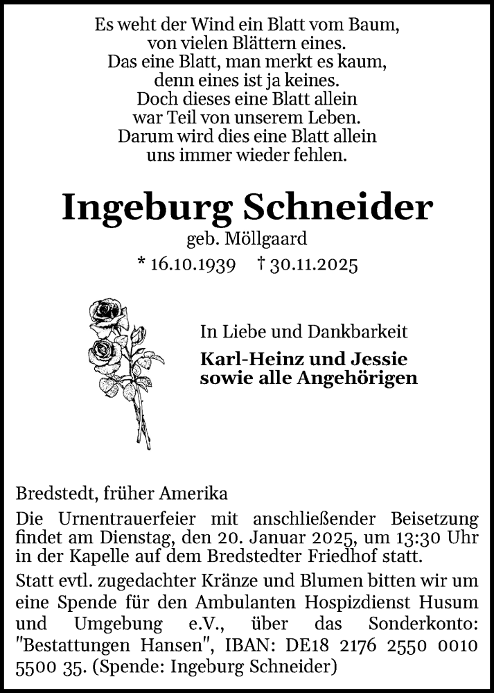  Traueranzeige für Ingeburg Schneider vom 13.12.2025 aus Husumer Nachrichten, Nordfriesland Tageblatt