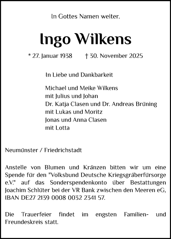 Traueranzeige von Ingo Wilkens von Holsteinischer Courier