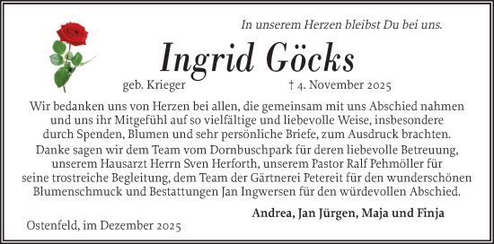Traueranzeige von Ingrid Göcks von Husumer Nachrichten, Nordfriesland Tageblatt