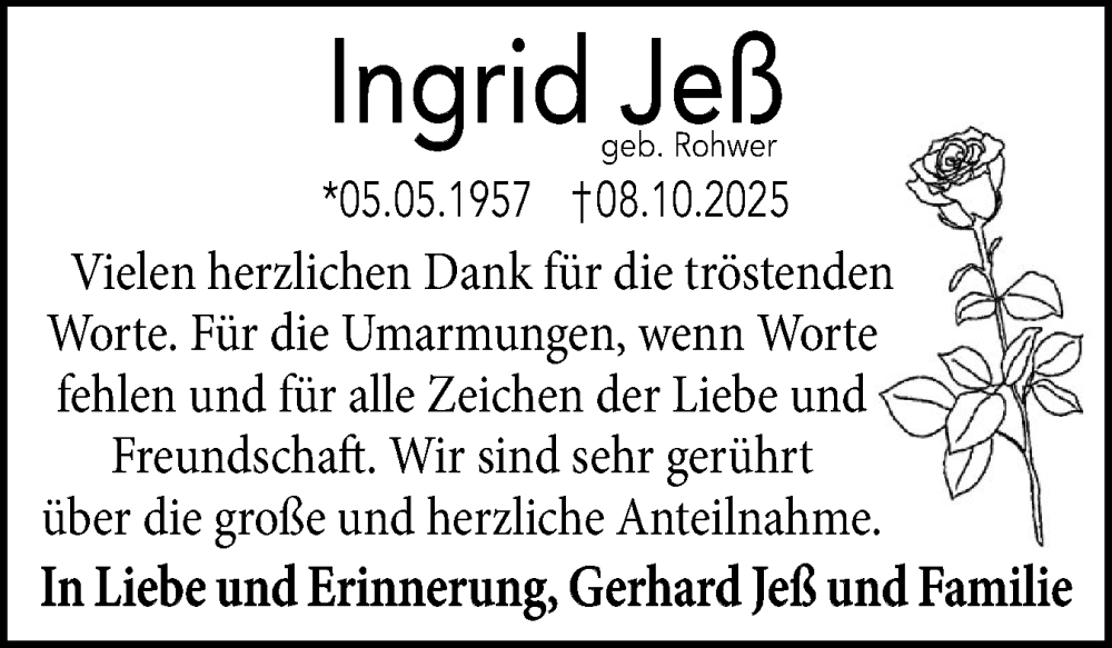  Traueranzeige für Ingrid Jeß vom 13.12.2025 aus Eckernförder Zeitung, Hallo Eckernförde