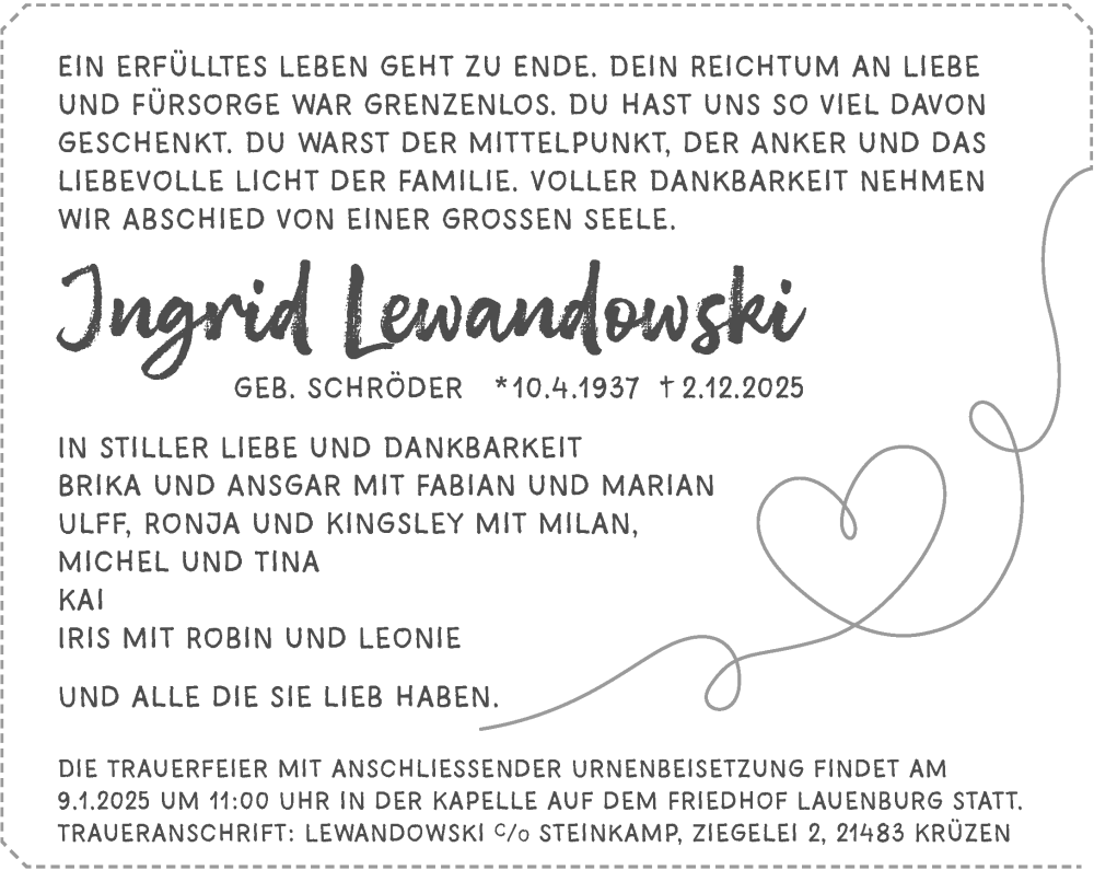  Traueranzeige für Ingrid Lewandowski vom 20.12.2025 aus Wochenend Anzeiger
