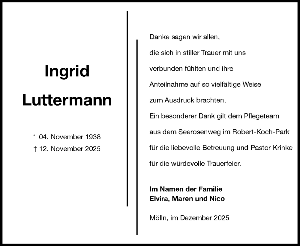  Traueranzeige für Ingrid Luttermann vom 06.12.2025 aus MARKT Ratzeburg/Mölln