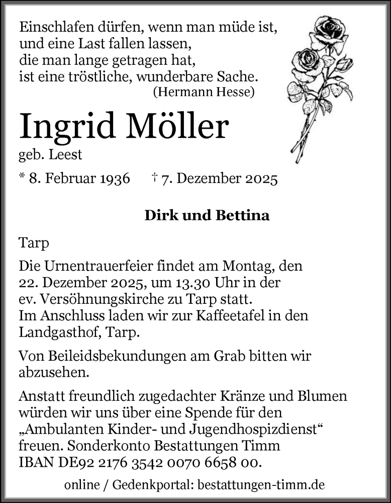  Traueranzeige für Ingrid Möller vom 13.12.2025 aus Flensburger Tageblatt, Schleswiger Nachrichten, Schlei-Bote