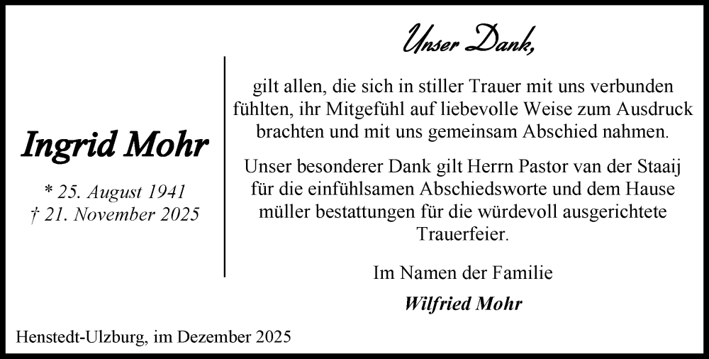 Traueranzeige für Ingrid Mohr vom 20.12.2025 aus Umschau