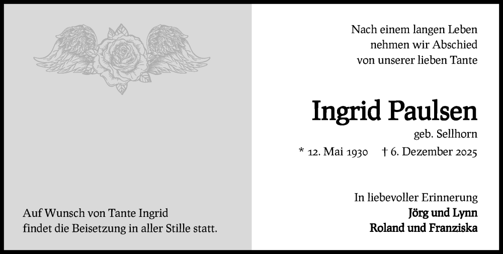  Traueranzeige für Ingrid Paulsen vom 13.12.2025 aus MARKT Ahrensburg/Bargteheide/Trittau und Stormarner Tageblatt