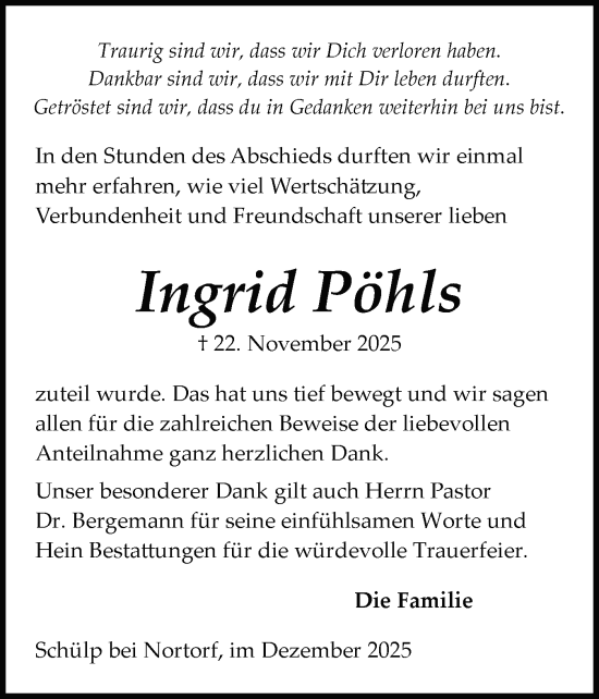 Traueranzeige von Ingrid Pöhls von Schleswig-Holsteinische Landeszeitung