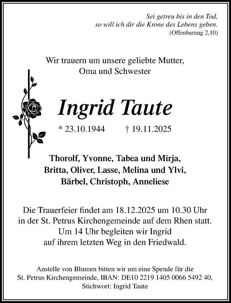 Traueranzeige für Ingrid Taute vom 06.12.2025 aus Umschau