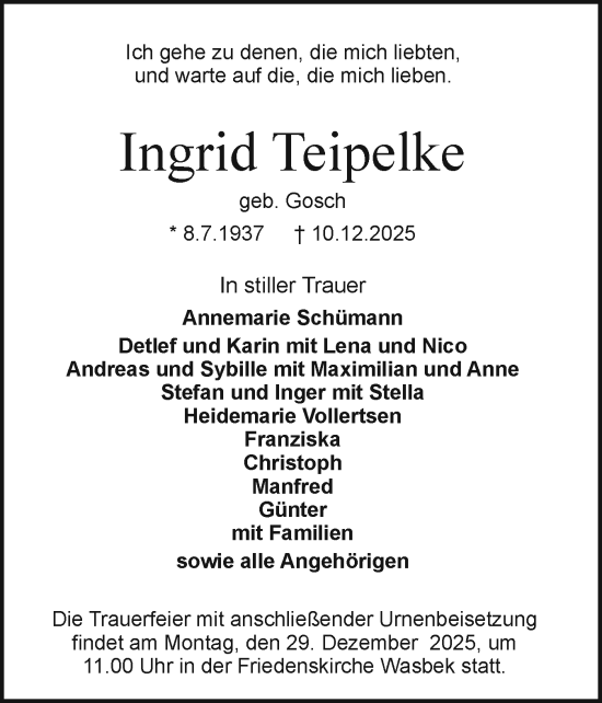 Traueranzeige von Ingrid Teipelke von Holsteinischer Courier