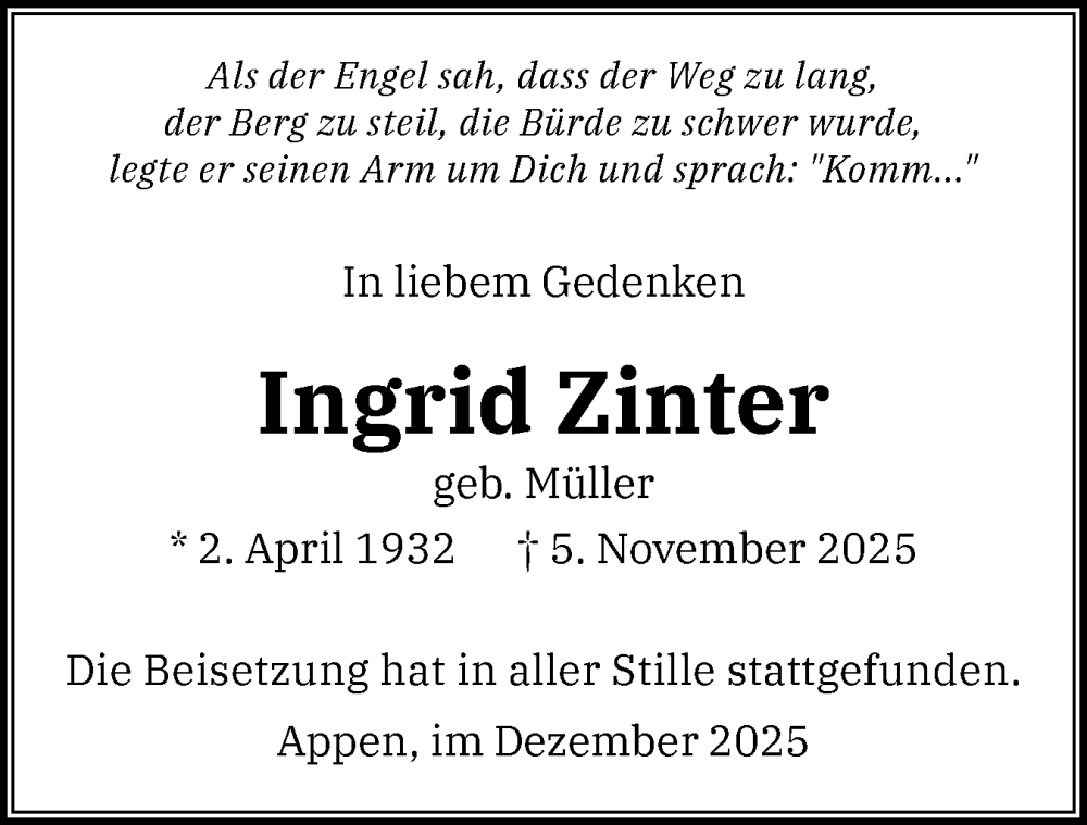 Traueranzeige für Ingrid Zinter vom 06.12.2025 aus Region Pinneberg und tip Pinneberg