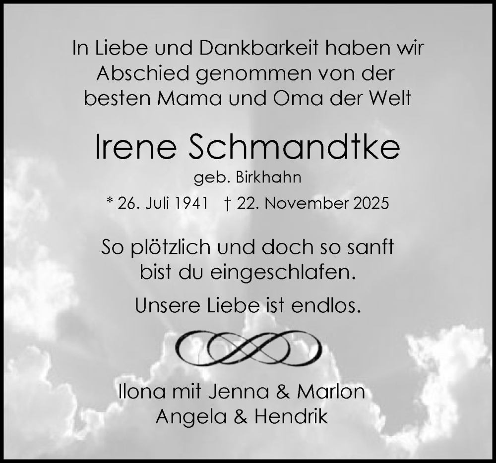  Traueranzeige für Irene Schmandtke vom 06.12.2025 aus Region Pinneberg und tip Pinneberg