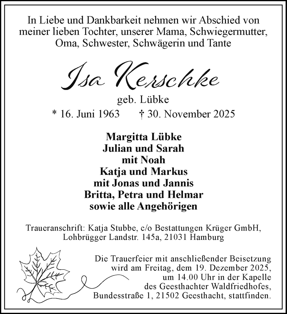  Traueranzeige für Isa Kerschke vom 20.12.2025 aus Wochenend Anzeiger