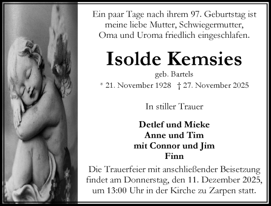 Traueranzeige von Isolde Kemsies von MARKT Bad Oldesloe/Reinfeld und Stormarner Tageblatt