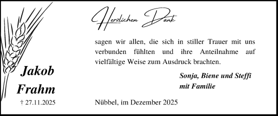 Traueranzeige von Jakob Frahm von Schleswig-Holsteinische Landeszeitung