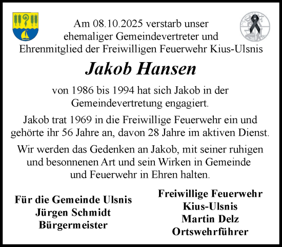 Traueranzeige von Jakob Hansen von Schleswiger Nachrichten, Schlei-Bote