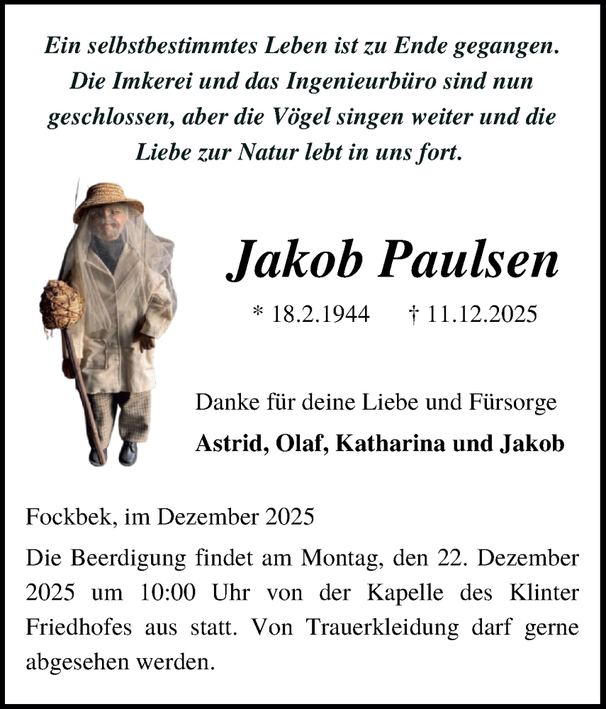  Traueranzeige für Jakob Paulsen vom 20.12.2025 aus Schleswig-Holsteinische Landeszeitung