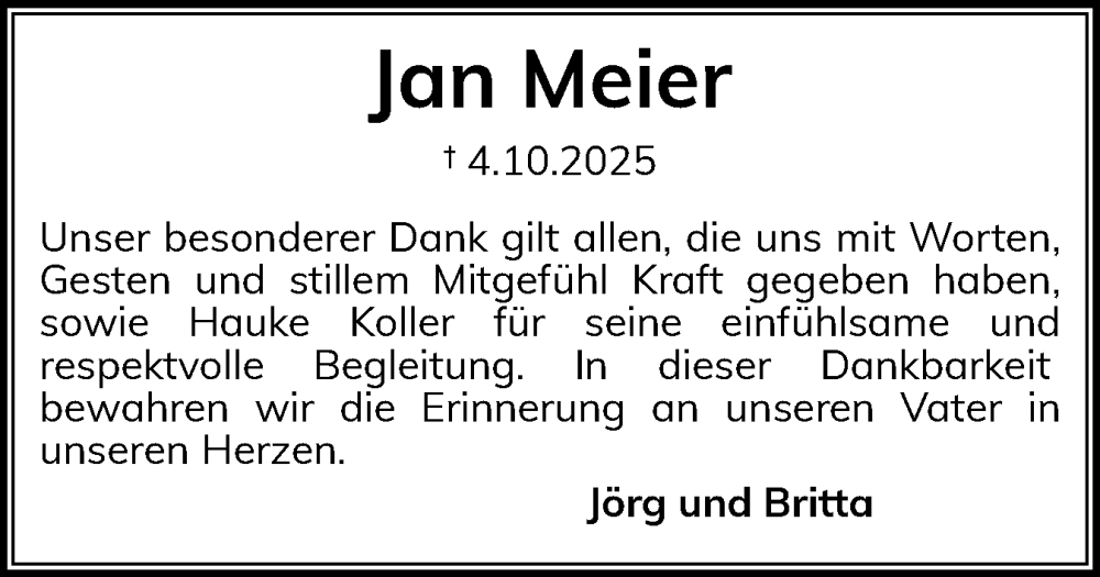  Traueranzeige für Jan Meier vom 13.12.2025 aus Der Insel-Bote