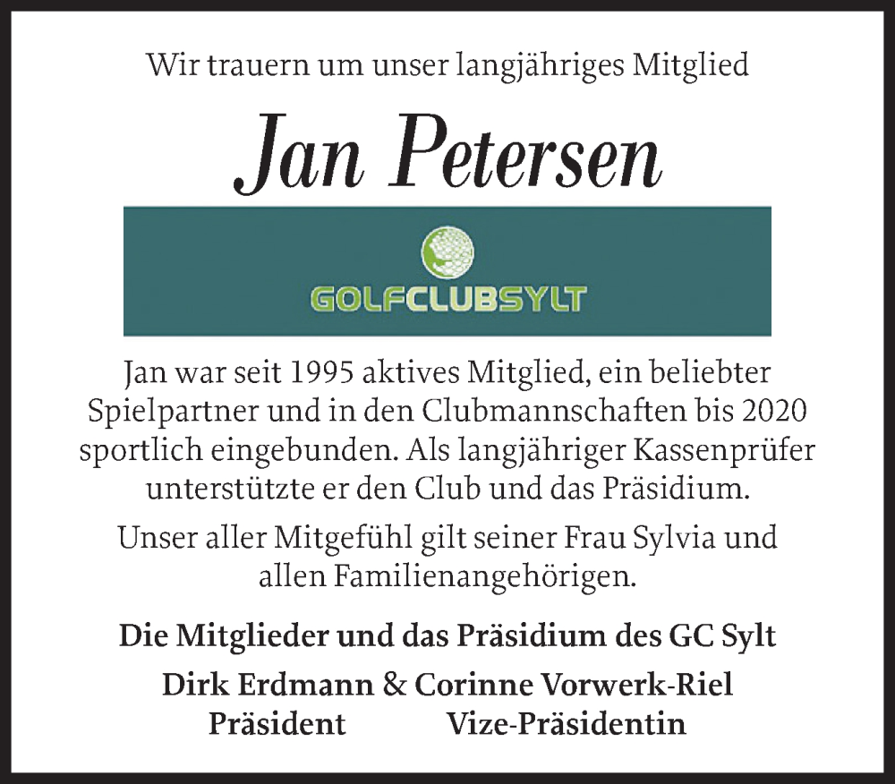  Traueranzeige für Jan Petersen vom 13.12.2025 aus Sylter Rundschau
