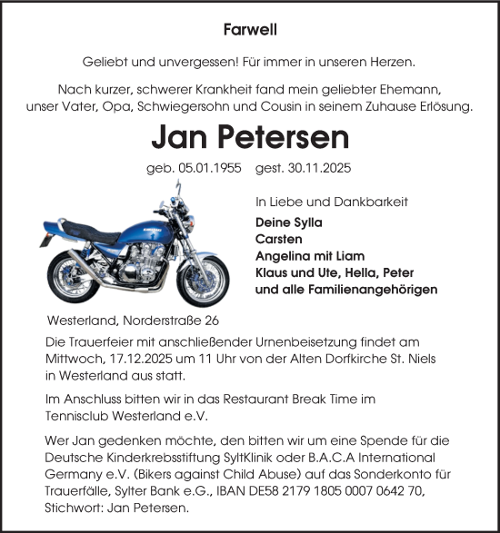Traueranzeige von Jan Petersen von Sylter Rundschau