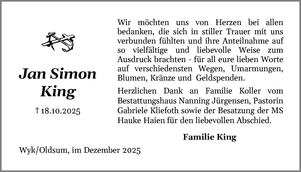  Traueranzeige für Jan Simon King vom 27.12.2025 aus Der Insel-Bote
