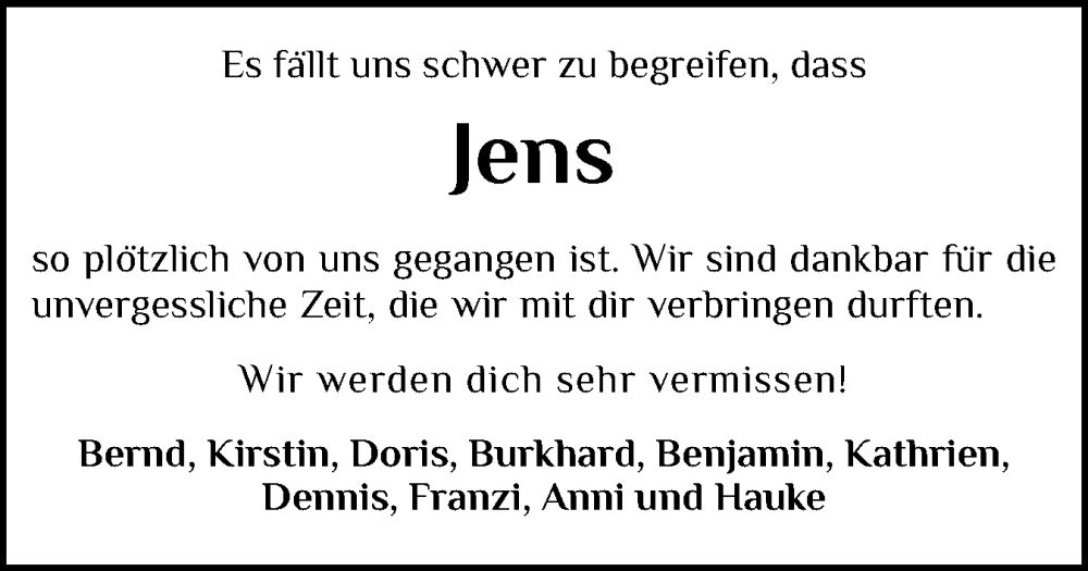  Traueranzeige für Jens  vom 06.12.2025 aus Schleswig-Holsteinische Landeszeitung