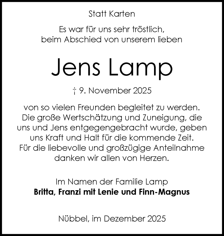  Traueranzeige für Jens Lamp vom 27.12.2025 aus Schleswig-Holsteinische Landeszeitung