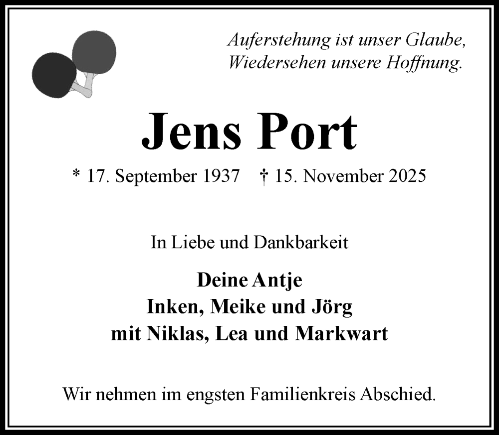  Traueranzeige für Jens Port vom 06.12.2025 aus Wochenend Anzeiger