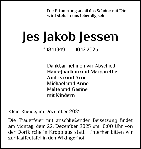 Traueranzeige von Jes Jakob Jessen von Schleswiger Nachrichten, Schlei-Bote