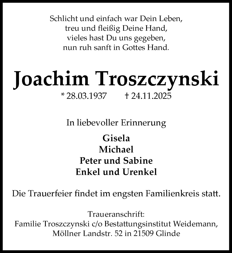  Traueranzeige für Joachim Troszczynski vom 06.12.2025 aus MARKT Glinde/Reinfeld