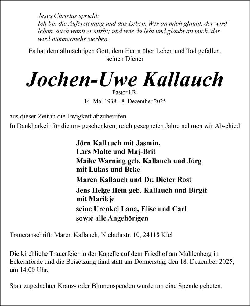  Traueranzeige für Jochen-Uwe Kallauch vom 20.12.2025 aus Hallo Eckernförde