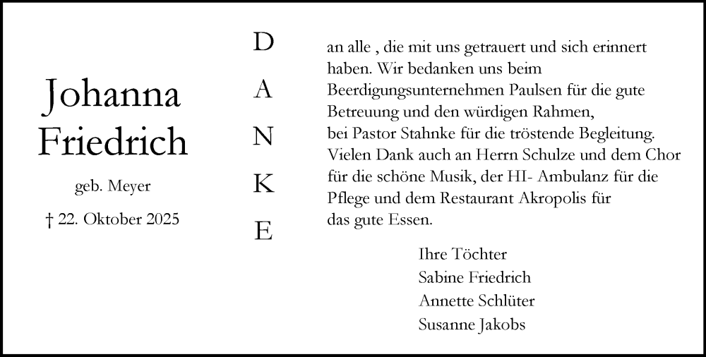  Traueranzeige für Johanna Friedrich vom 13.12.2025 aus MARKT Bad Oldesloe/Reinfeld und Stormarner Tageblatt