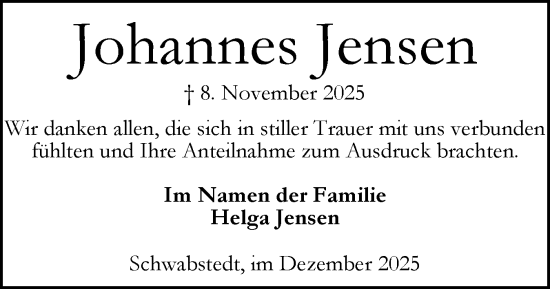 Traueranzeige von Johannes Jensen von Husumer Nachrichten, Nordfriesland Tageblatt