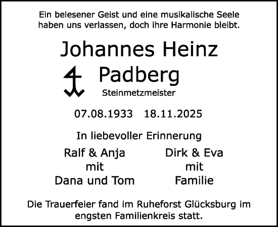 Traueranzeige von Johannes Heinz Padberg von Flensburger Tageblatt