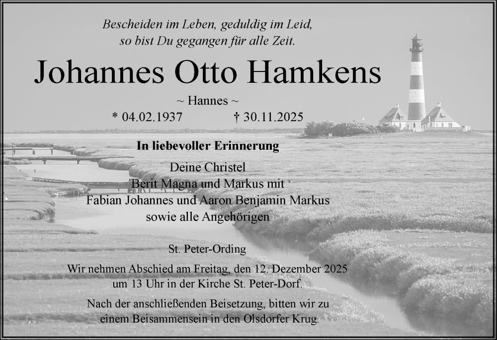  Traueranzeige für Johannes Otto Hamkens vom 05.12.2025 aus Husumer Nachrichten, Nordfriesland Tageblatt