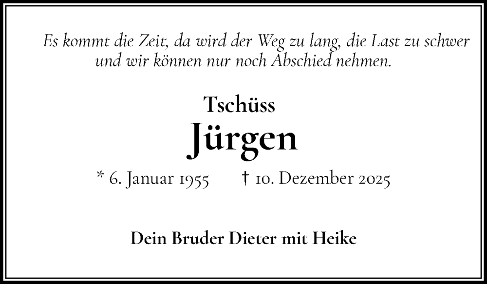  Traueranzeige für Jürgen  vom 20.12.2025 aus Elmshorner Nachrichten, Barmstedter Zeitung