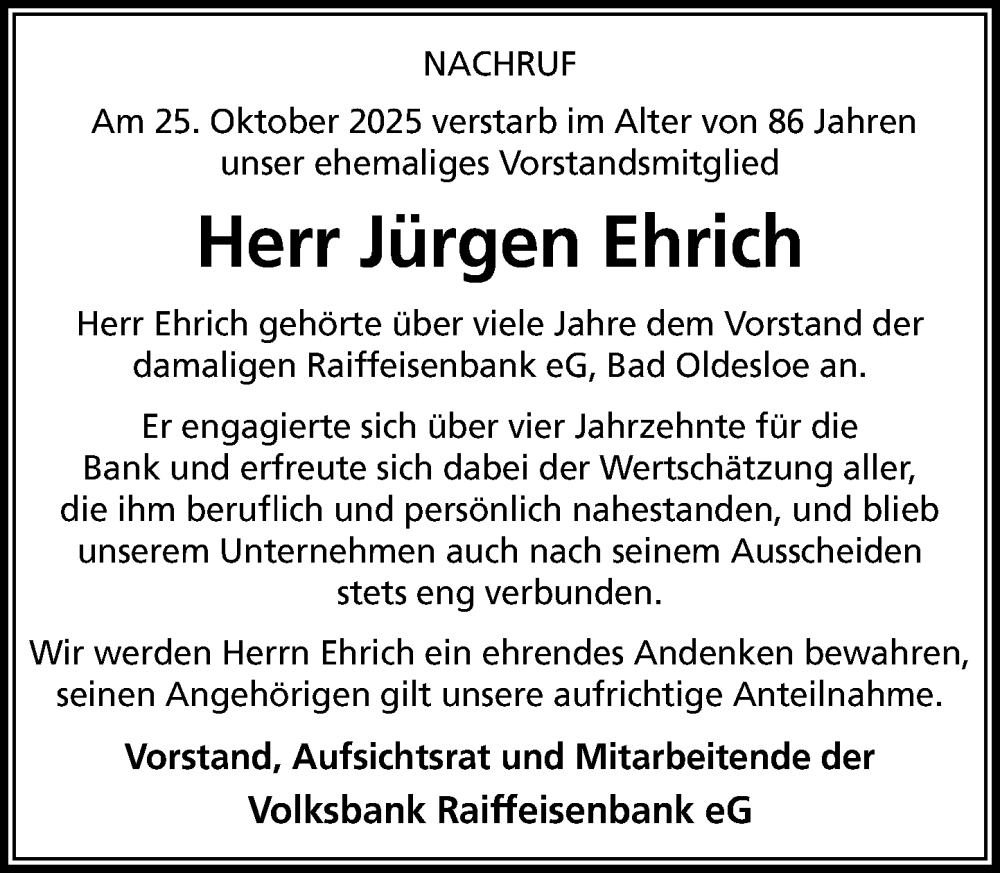  Traueranzeige für Jürgen Ehrich vom 06.12.2025 aus MARKT Bad Oldesloe/Reinfeld und Stormarner Tageblatt