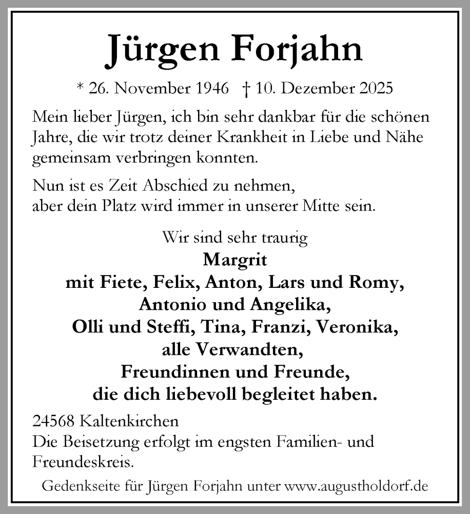  Traueranzeige für Jürgen Forjahn vom 27.12.2025 aus Umschau